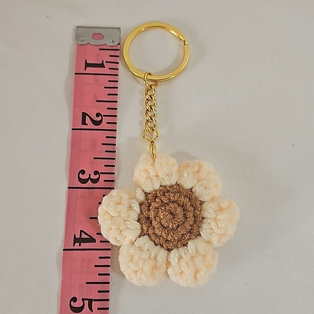 Hand Crafted Hand Knit Chrochet floral gold 4" Keychain flower baige and brown - Picture 7 of 17